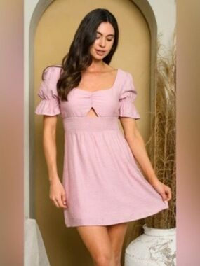 Fanco Light Pink Puff Sleeve Cutout Mini Dress NWT Small Coquette Cottagecore